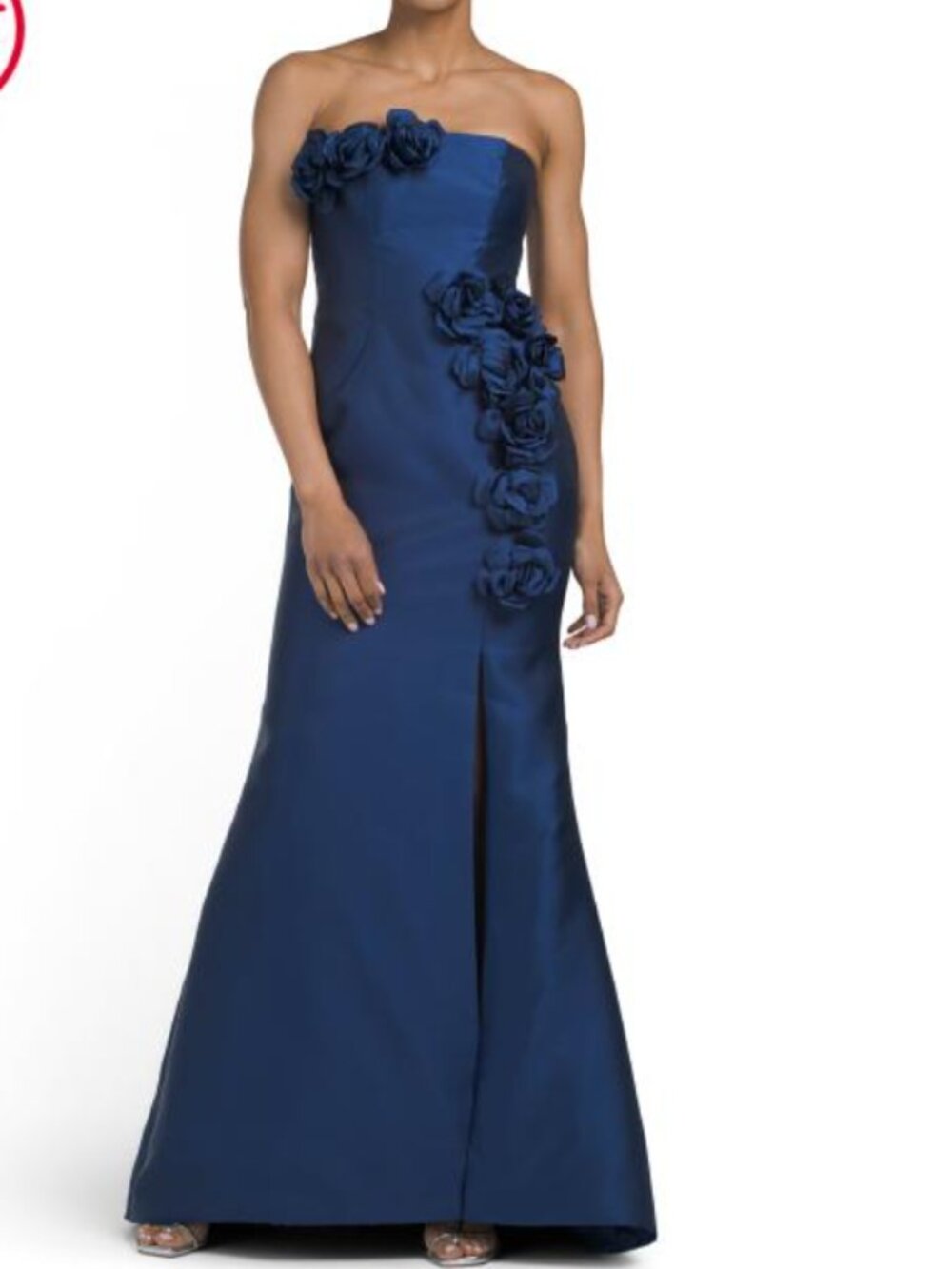 TERANI COUTURE Strapless Floral Applique Gown With Side Slit
